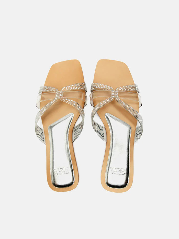 Zara Flat Vinyl Slider Sandals With Rhinestones Clear