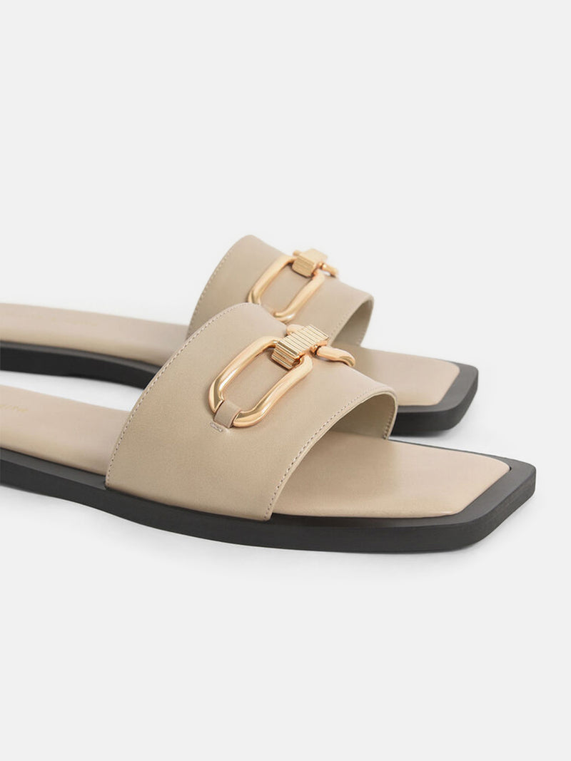 Charles & Keith Metallic Accent Padded Slide Sandals - Beige