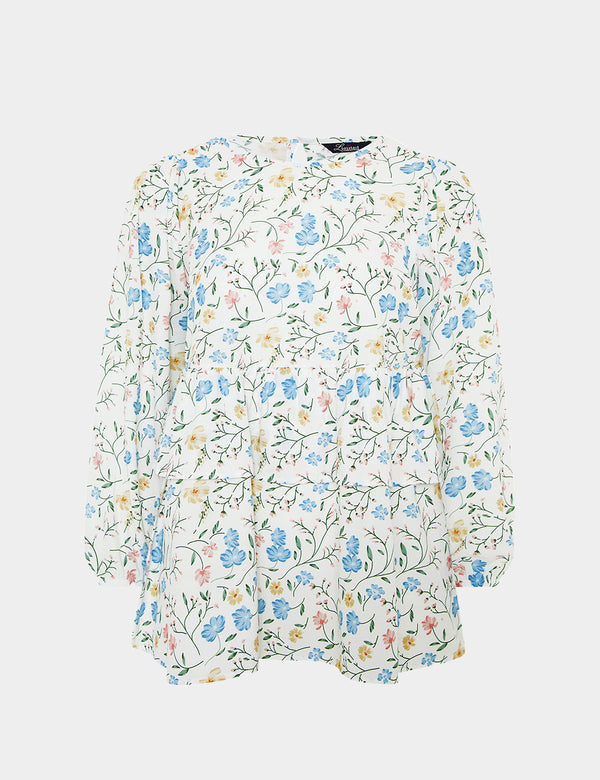 Yours Clothing - Limited Collection Floral Frill Waist Long Sleeve Blouse (White)