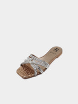 Gina Rhinestone Embellished Textured Flat Slides - Rose Gold