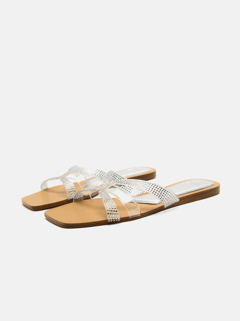 Zara Flat Vinyl Slider Sandals With Rhinestones - Clear