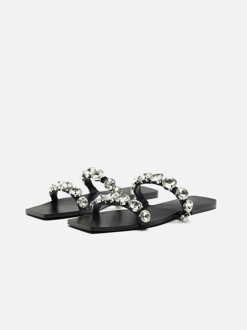 Zara Embellished Flat Leather Sandal- Black