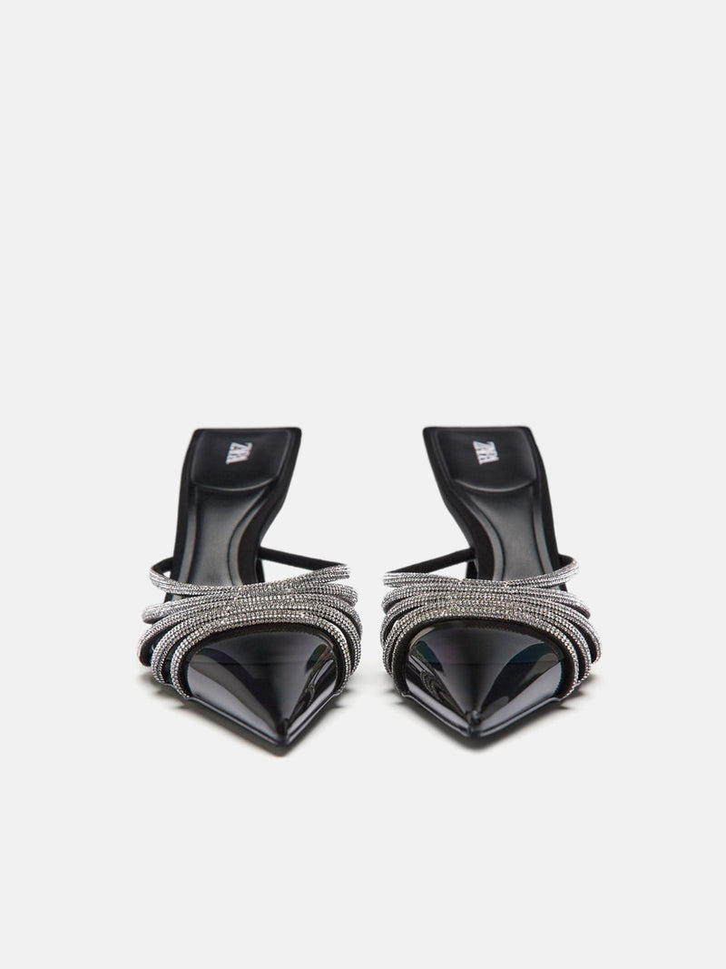 Zara Heeled Mules With Rhinestone - Black