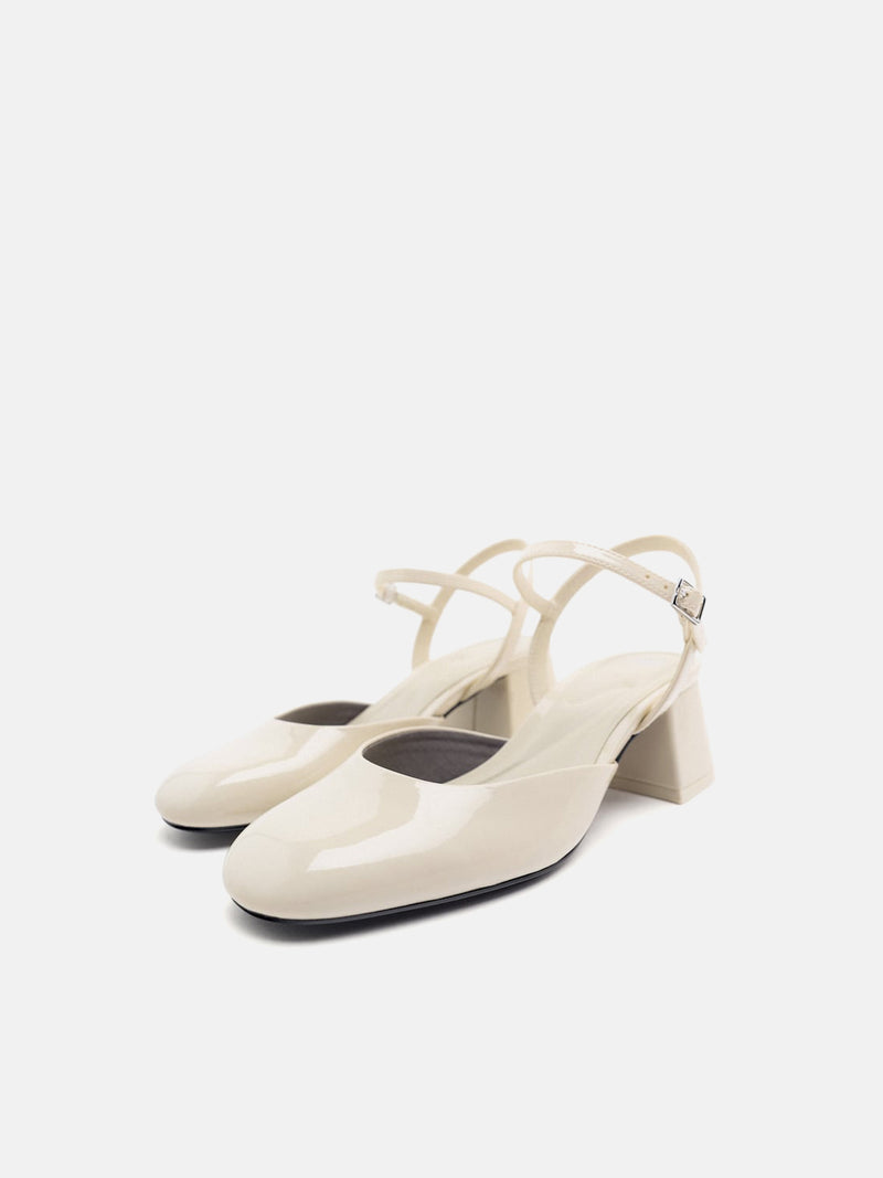 Zara Faux Patent Leather Block Heel Shoes - Off White
