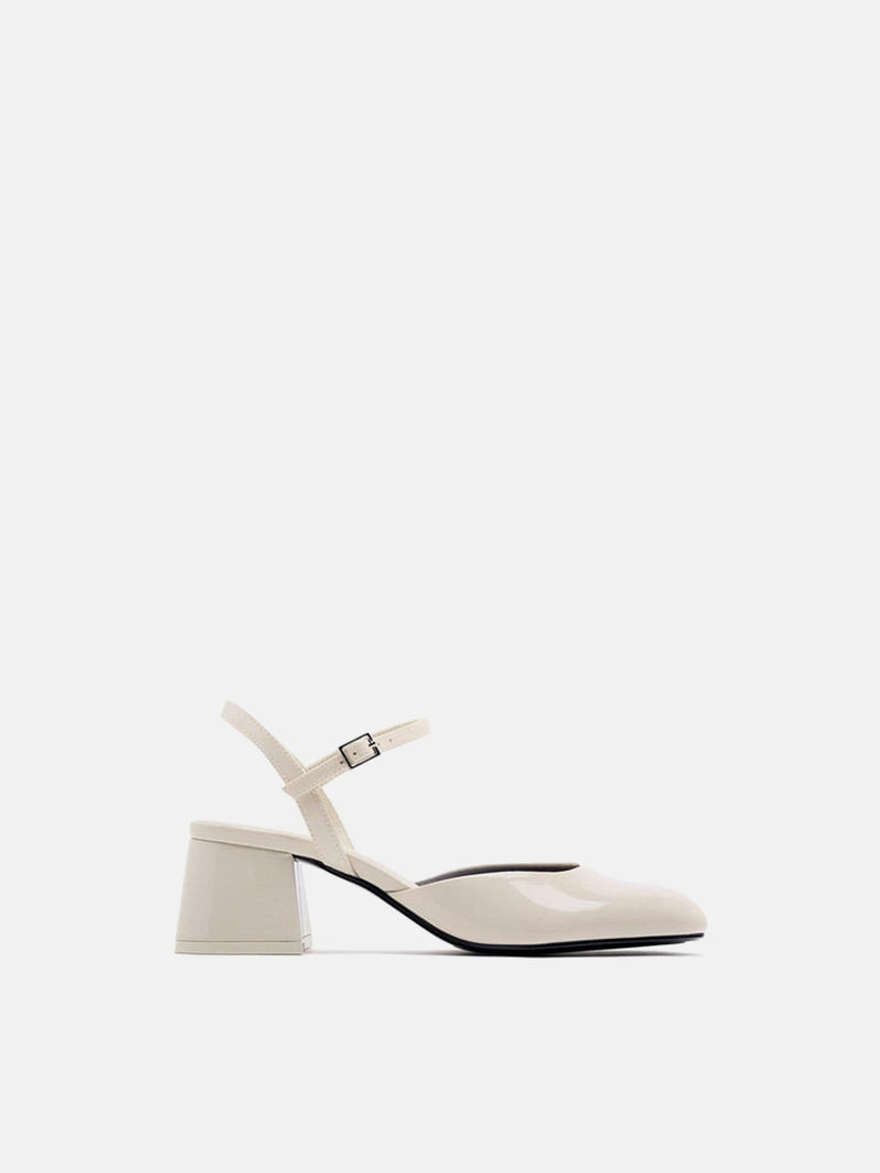 Zara Faux Patent Leather Block Heel Shoes - Off White
