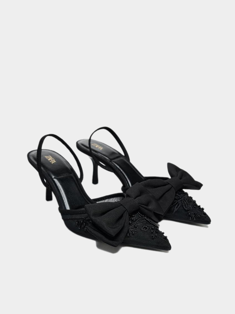 Zara Slingback Stiletto Heels With Mesh And Bow Detail - Black