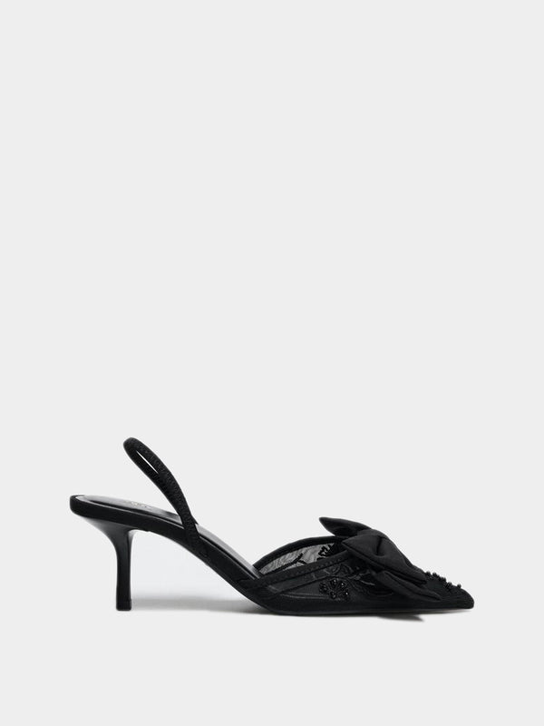 Zara Slingback Stiletto Heels With Mesh And Bow Detail - Black