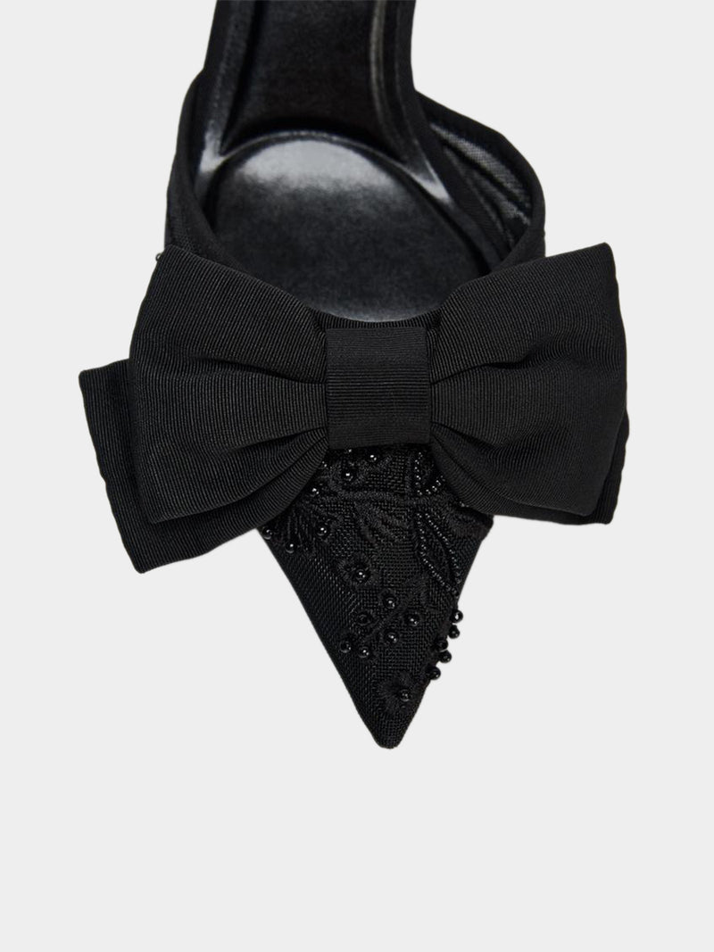 Zara Slingback Stiletto Heels With Mesh And Bow Detail - Black