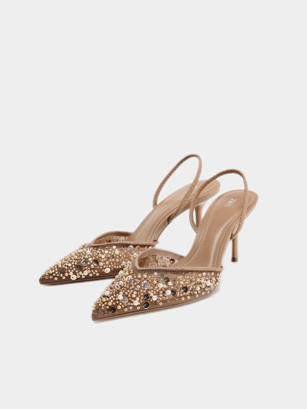 Zara Mesh Slingback Heels With Bead Detail - Light Beige