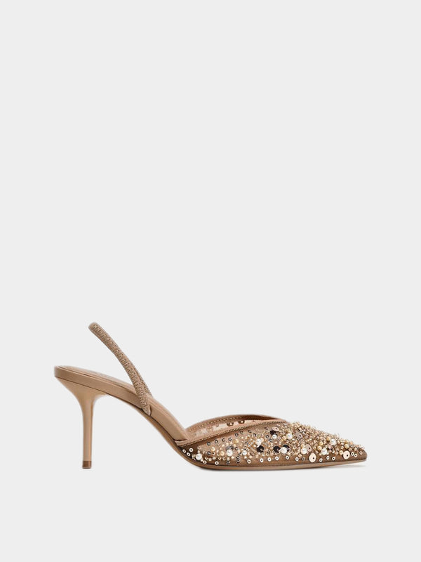 Zara Mesh Slingback Heels With Bead Detail - Light Beige