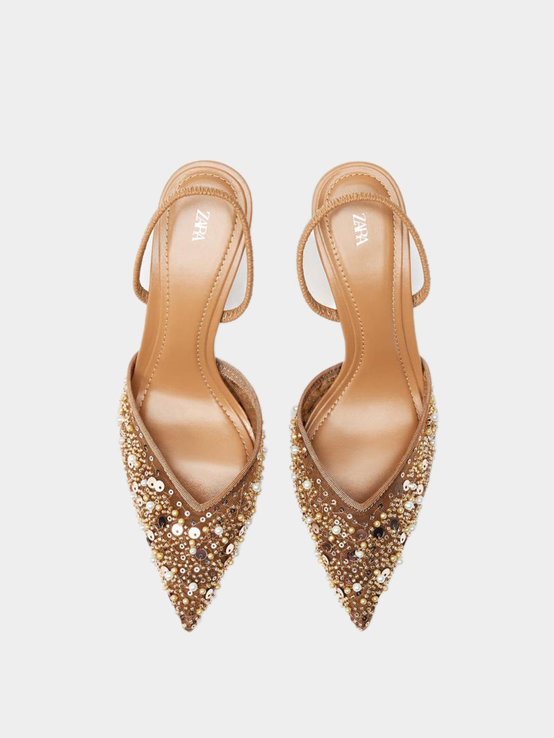 Zara Mesh Slingback Heels With Bead Detail - Light Beige