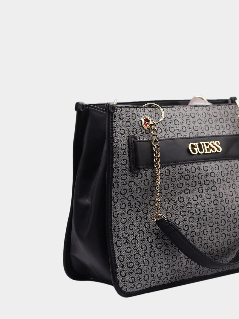 Guess Logo Print Tote Bag - Black & Grey with Gold-Tone Hardware