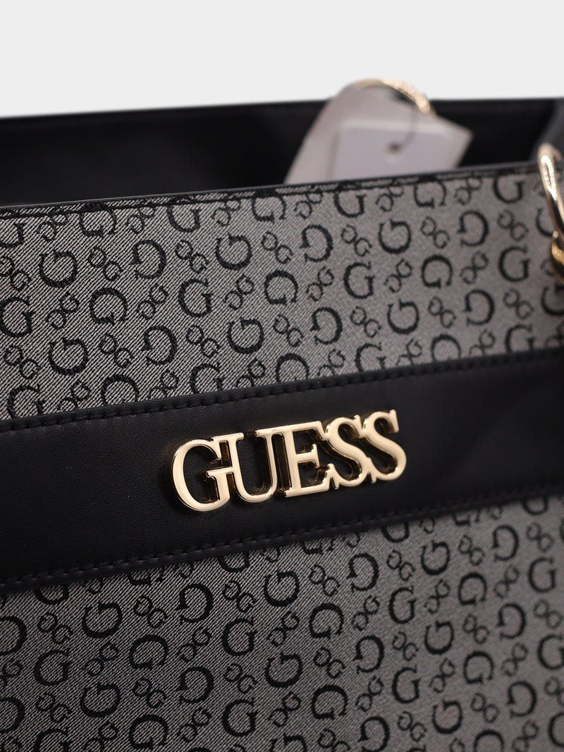Guess Logo Print Tote Bag - Black & Grey with Gold-Tone Hardware