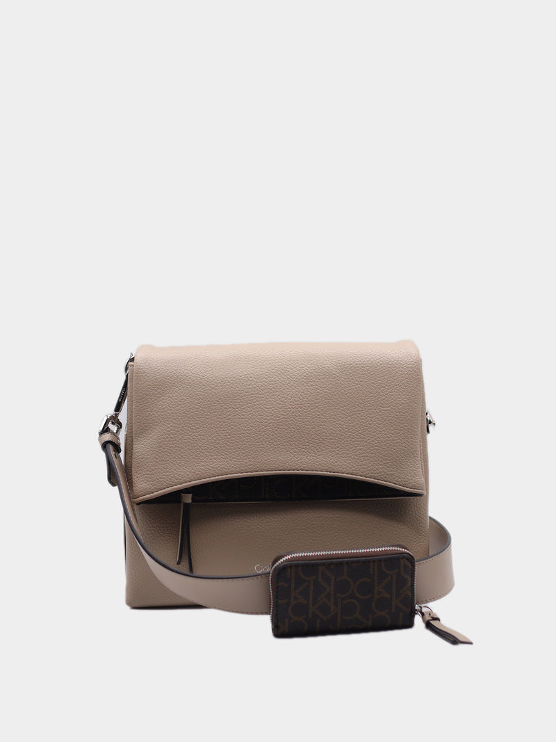 Calvin Klein Pebbled Leather Flap Shoulder Bag - Taupe