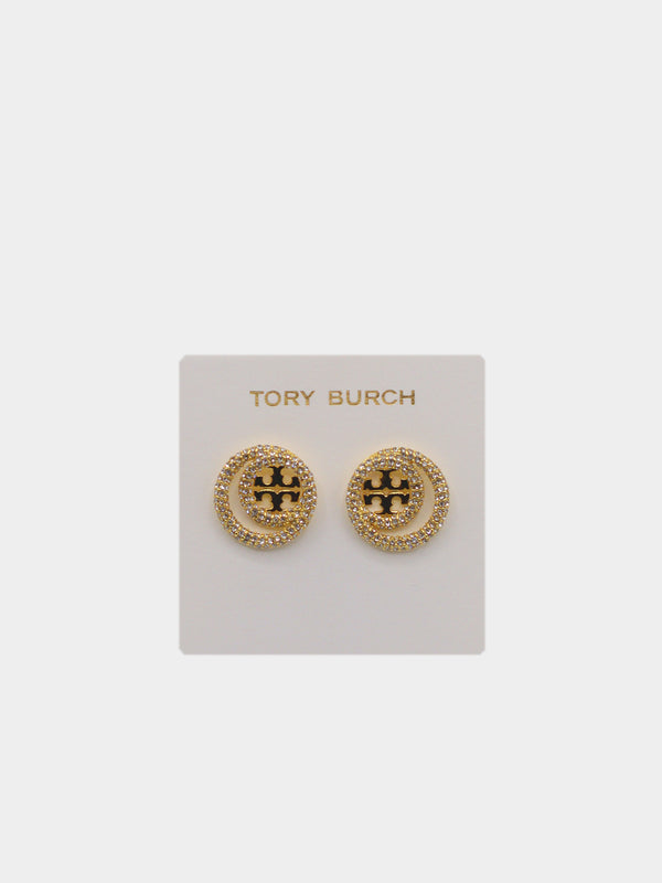 Tory Burch Pave Crystal Swirl Logo Studs - Gold