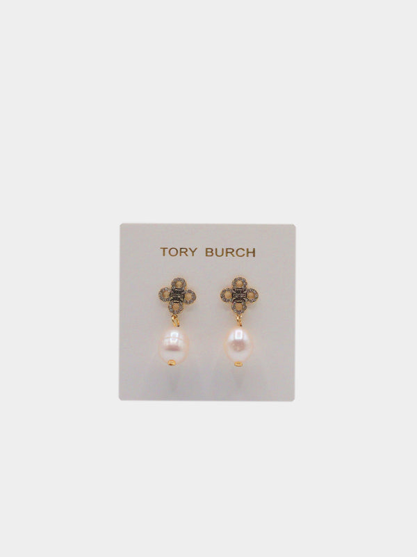 Tory Burch Pearl and Pave Drop Earrings - Gold
