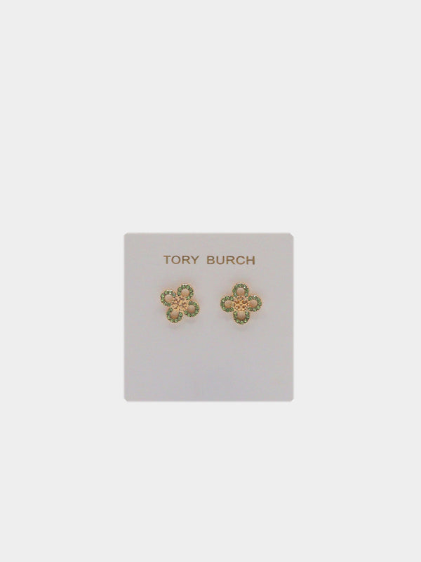 Tory Burch Green Pave Logo Flower Studs - Gold