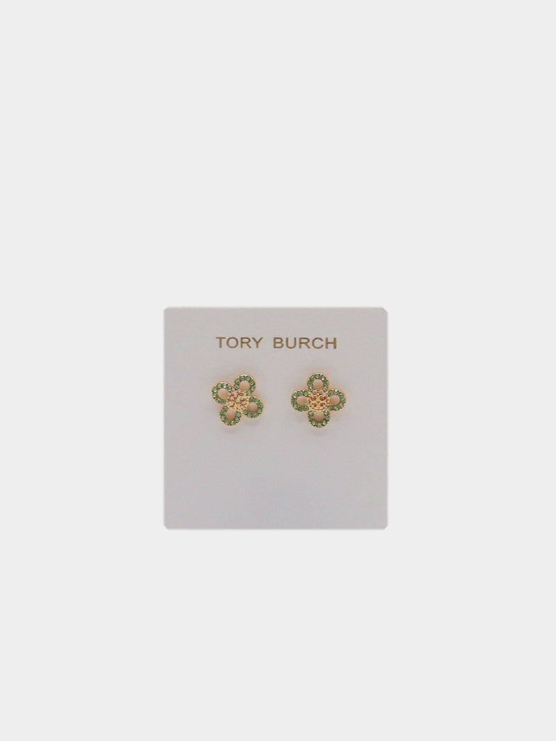 Tory Burch Green Pave Logo Flower Studs - Gold