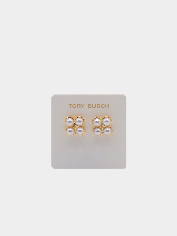 Tory Burch Faux Pearl Clover Stud Earrings - Gold