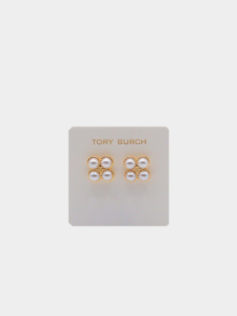 Tory Burch Faux Pearl Clover Stud Earrings - Gold