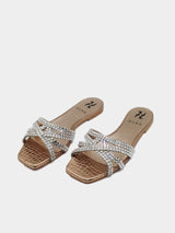 Gina Rhinestone Embellished Textured Flat Slides - Rose Gold
