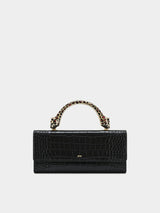 JW Pei Maya Leopard-Shaped Hardware Handle Top Handle Bag - Black Croc