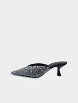 MNG Rhinestone Embellished Pointed-Toe Mule Heels - Black/Silver