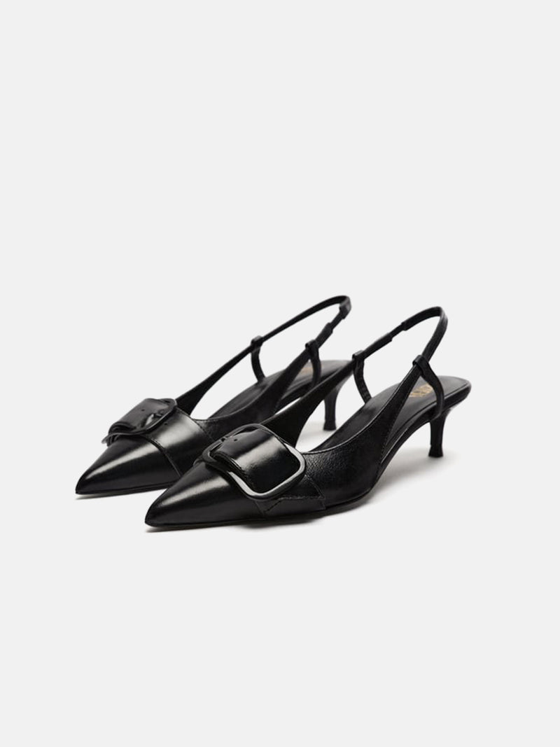 Zara Leather Kitten Heel Slingback Shoes - Black