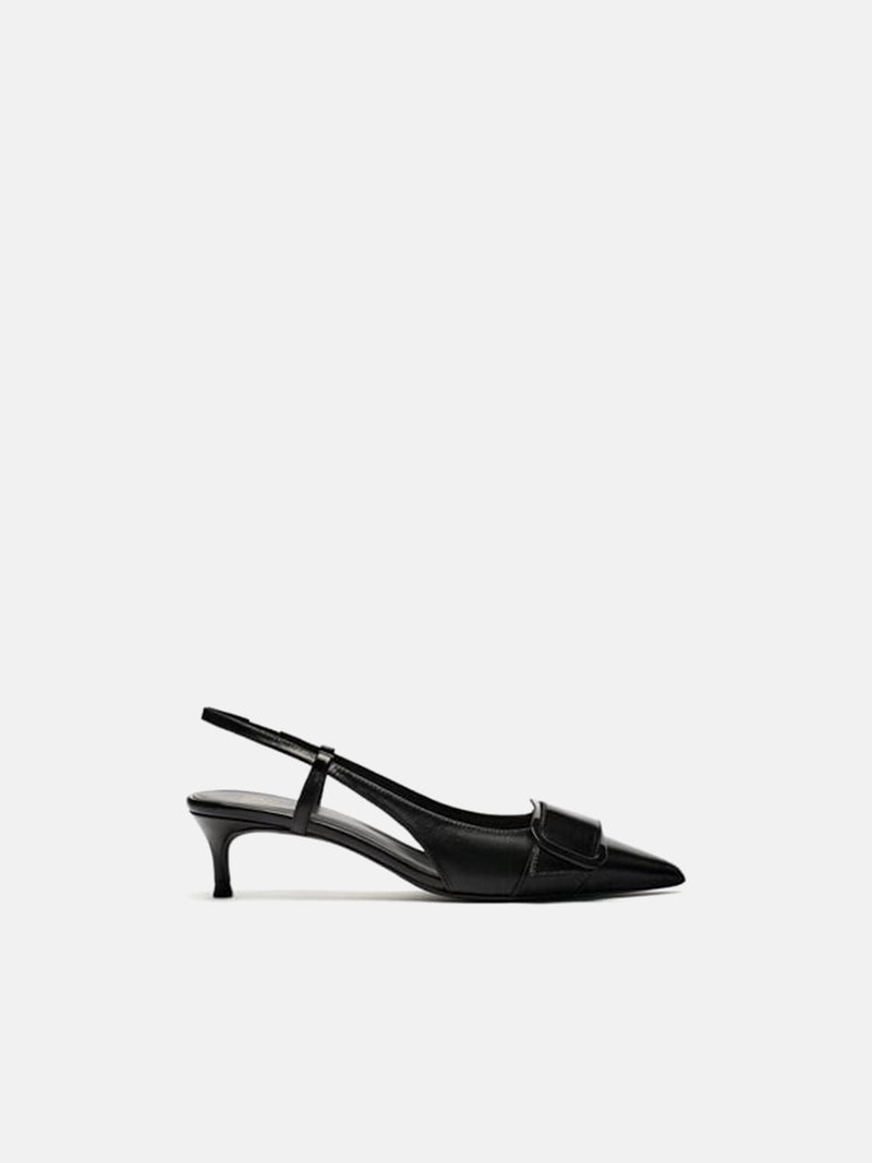 Zara Leather Kitten Heel Slingback Shoes - Black