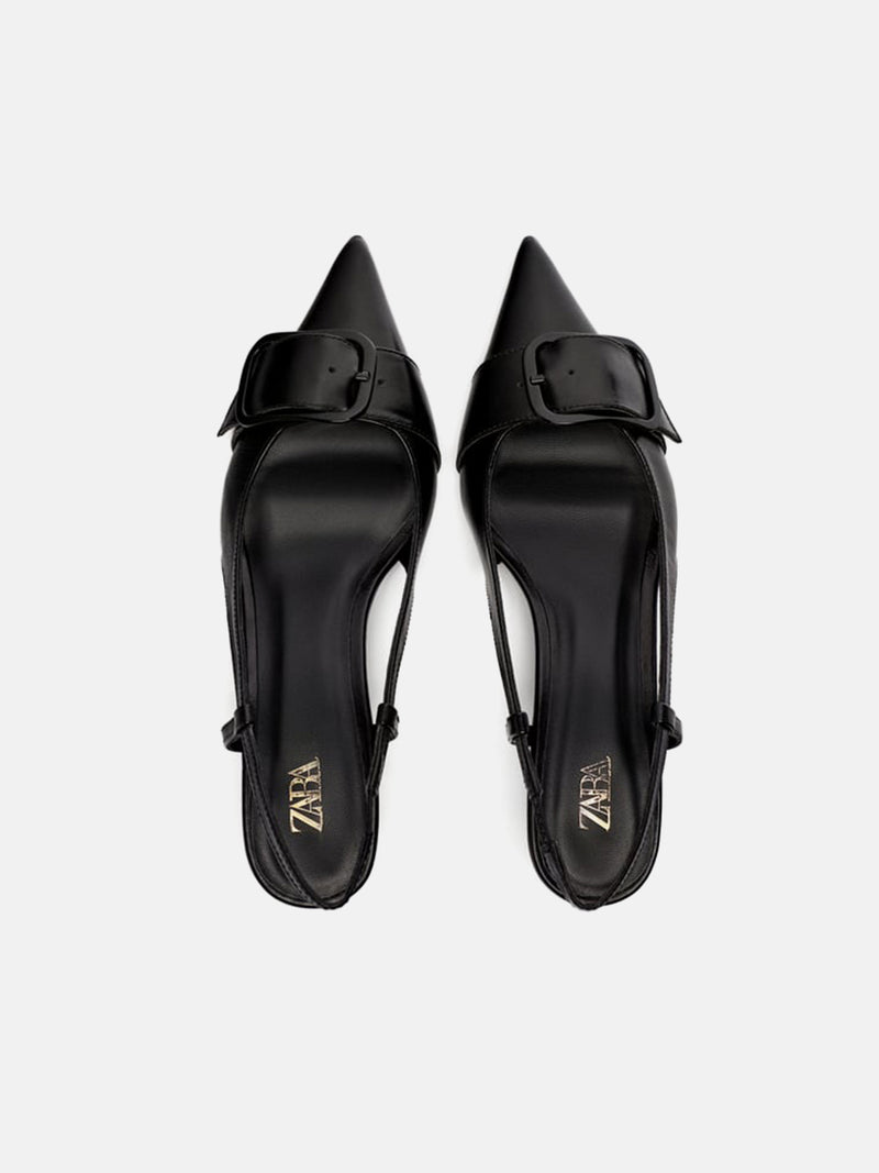Zara Leather Kitten Heel Slingback Shoes - Black