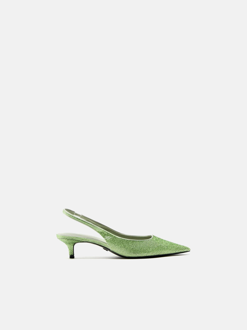 Zara Kitten Heel Slingback Shoes With Rhinestones - Sea Green