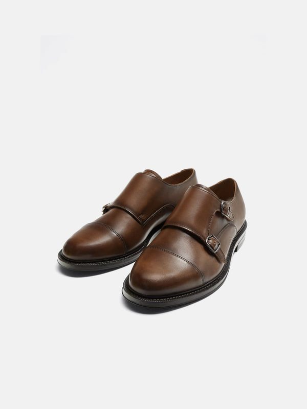 Zara Leather Monk Shoes - Brown