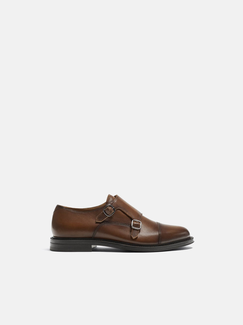 Zara Leather Monk Shoes - Brown