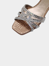 Gina Rhinestone Embellished Textured Flat Slides - Rose Gold