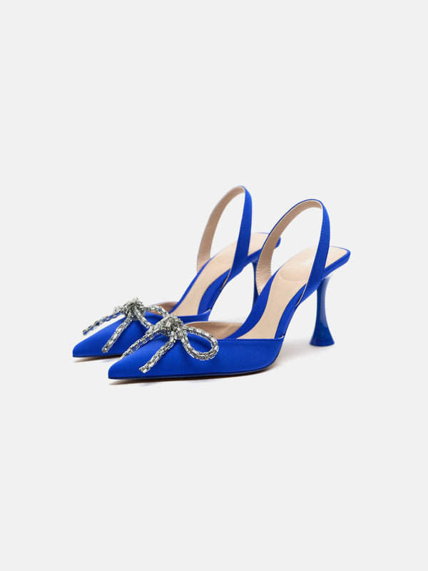 Zara Slingback Heels With Rhinestone Bow - Blue
