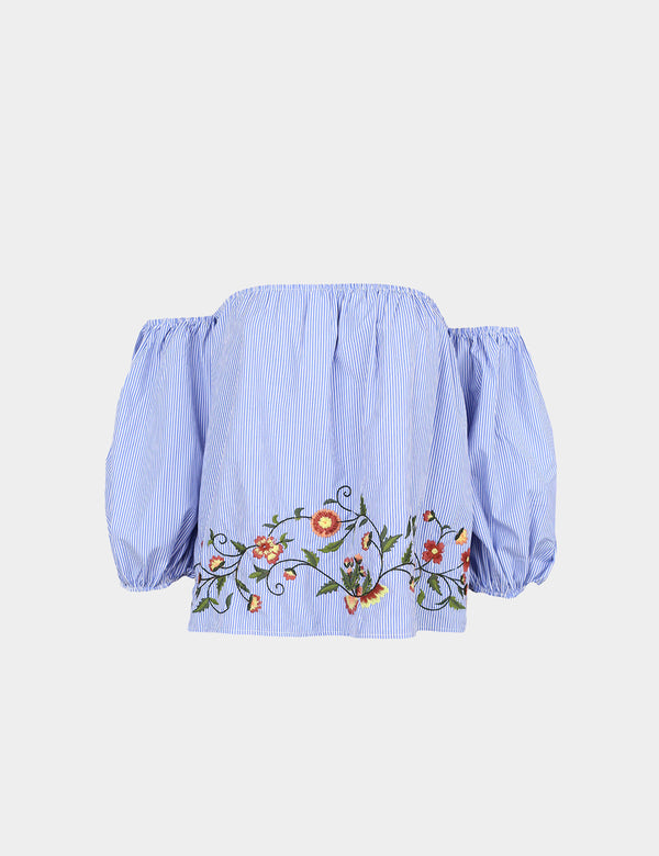 Stradivarius Striped Floral Light Blue Top