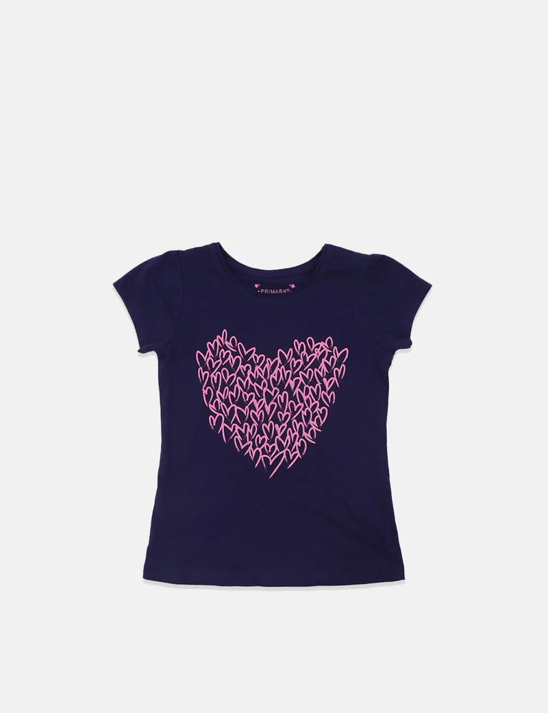 Primark Girl T-Shirt - Pink Hearts - Navy Blue