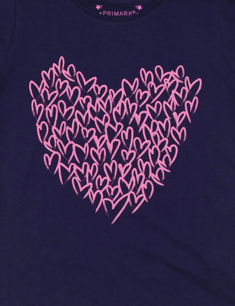 Primark Girl T-Shirt - Pink Hearts - Navy Blue
