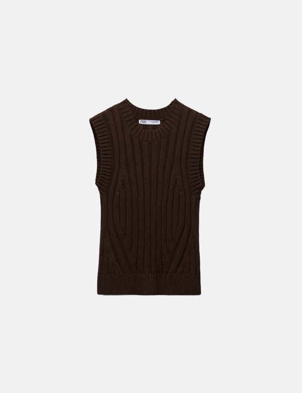 Zara Ribbet Knit Waistcoat - Brown