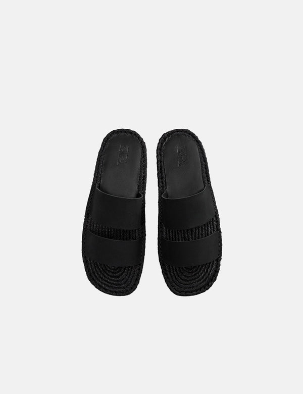Zara Jute Leather Slides - Black