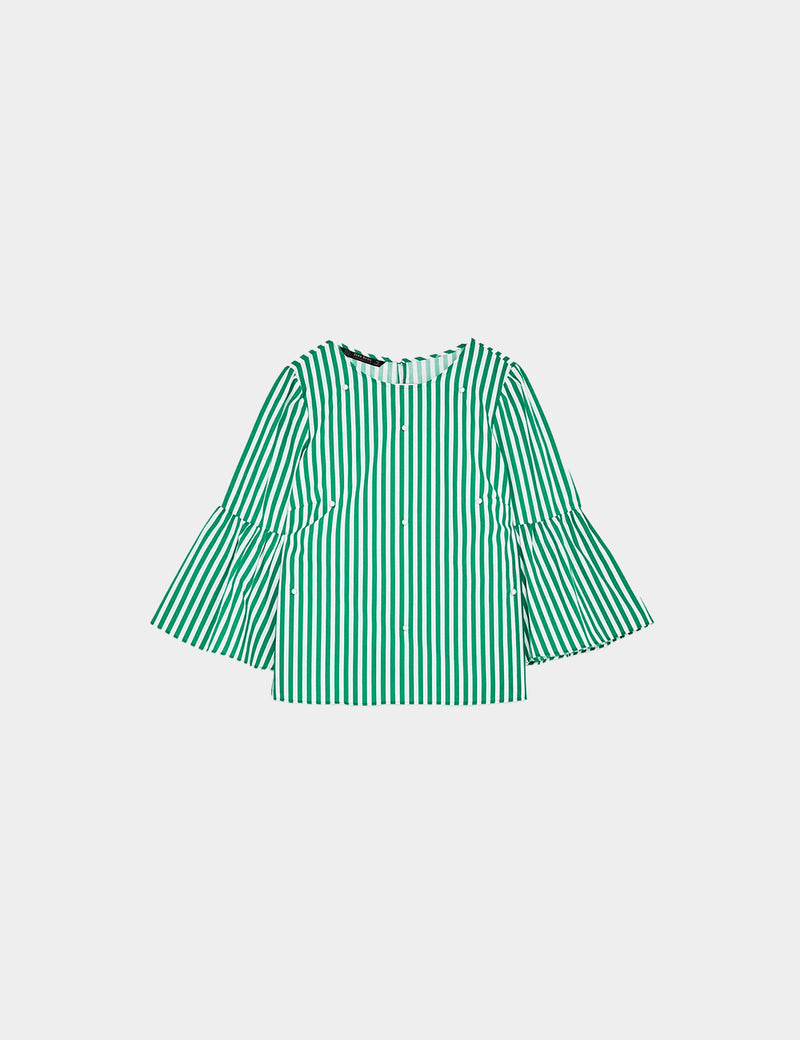 Zara Striped Poplin Pearl Bell Sleeve Blouse